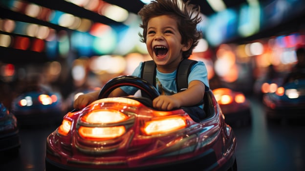 The joy of a young boy getting into a bumper car. Generative AI photo