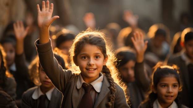 Children eagerly raise their hands to answer in class. Generative AI photo