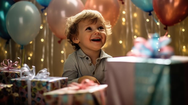 Cute little boy with birthday gift boxes in front of him. Generative AI photo