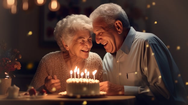 Adorable elderly husband and wife celebrate their birthday happily. Generative AI photo