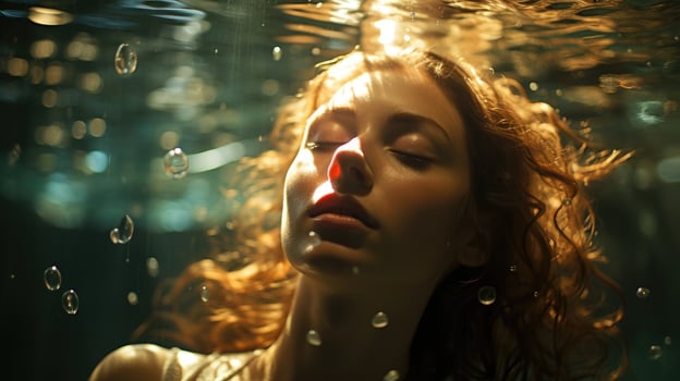 A female swimmer diving into the depths of a pool with her eyes closed. Generative AI photo