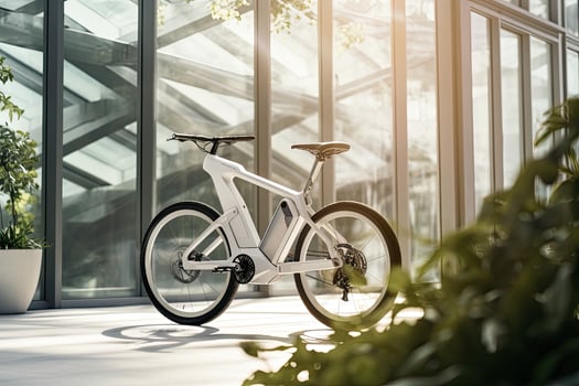 Modern electric white bicycle in front of the modern office glass building on sunny autumn day. Generative AI photo