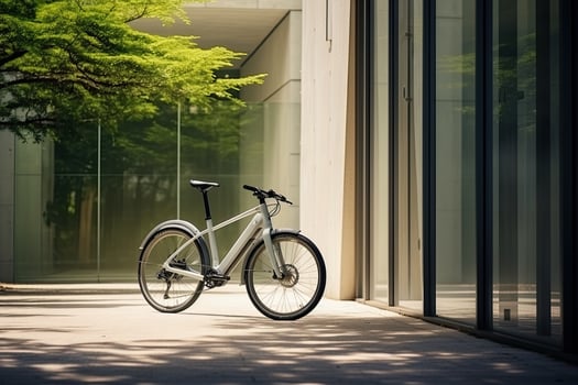 Modern electric white bicycle in front of the modern office glass building on sunny autumn day. Generative AI photo
