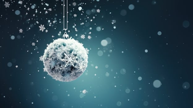 Beautiful Christmas bauble hanging on the background with snow sparkles. Xmas wither holiday card with glass ball. Generated AI. photo