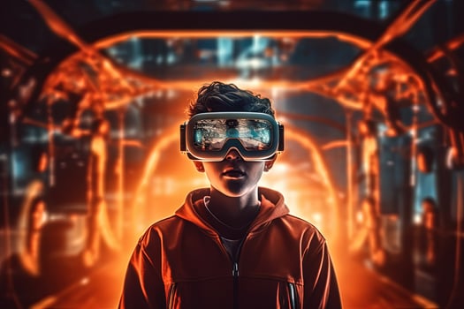 AR glasses technology concept with transparent goggles. Augmented reality futuristic immersive experience. Generated AI photo