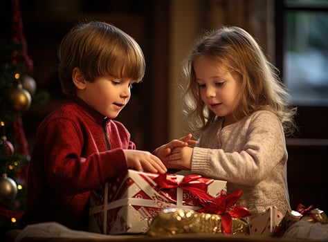 Children unpacking Christmas gift. Kids opening presents during winter holidays. Generated AI. photo