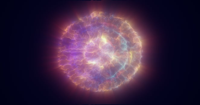 Multicolored energy glowing sphere futuristic atom from electric magic particles and energy waves background photo