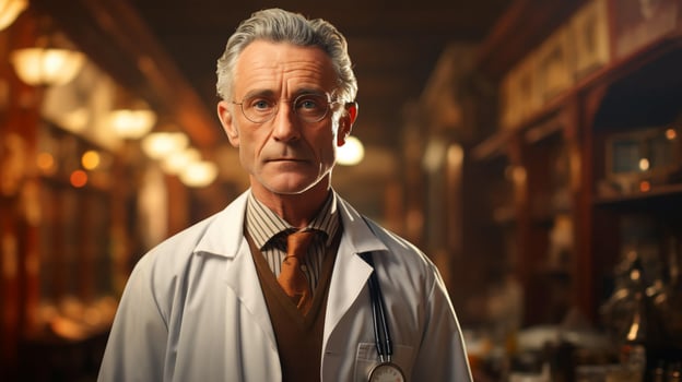 Old male doctor in a white coat in a hospital, medicine and healthcare concept photo