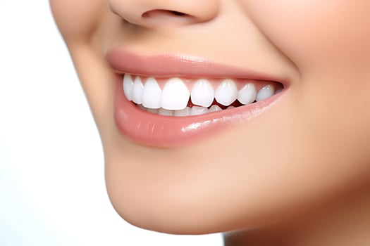 Perfect healthy teeth smile of a young woman at a dentist. Teeth whitening. Dental care, stomatology concept by AI Generated photo