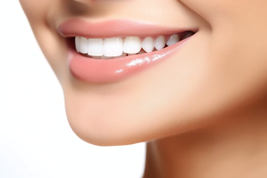 Perfect healthy teeth smile of a young woman at a dentist. Teeth whitening. Dental care, stomatology concept by AI Generated photo