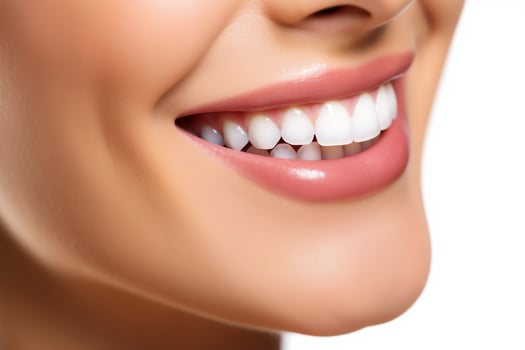 Perfect healthy teeth smile of a young woman at a dentist. Teeth whitening. Dental care, stomatology concept by AI Generated photo