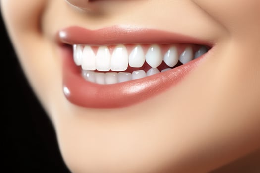 Perfect healthy teeth smile of a young woman at a dentist. Teeth whitening. Dental care, stomatology concept by AI Generated photo