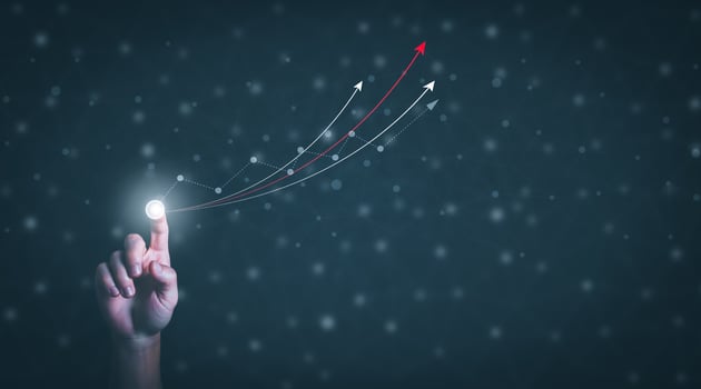 a person touching virtual screen to press the start button, concept management startup digital transformation Internet of Things, Big Data and Business Processes, Automated Operations, Data Storage photo