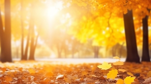Beautiful blur autumn landscape with falling leaves natural background, colorful foliage maple in park, AI Generated photo