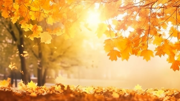 Beautiful autumn landscape with falling leaves natural background, colorful foliage maple in park, AI Generated photo
