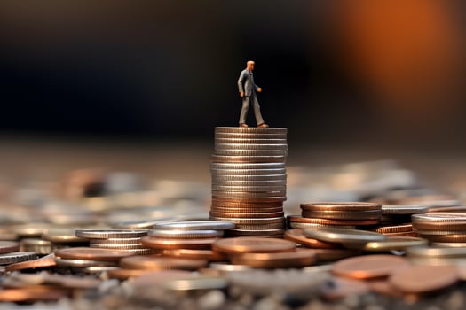 Businessman standing on stack coin money. saving money concept. earring and growing money. generative ai photo
