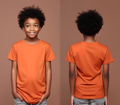 Front and back views of a little boy wearing an orange T-shirt. ai generated photo