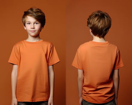 Front and back views of a little boy wearing an orange T-shirt. ai generated photo