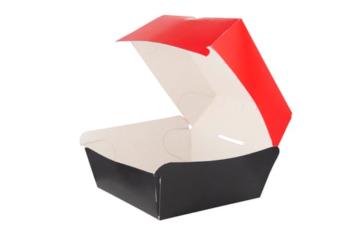 Blank open red and black craft burger box isolated on white background photo