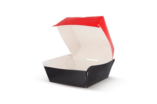 Blank open red and black craft burger box isolated on white background photo