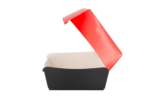 Blank open red and black craft burger box isolated on white background photo
