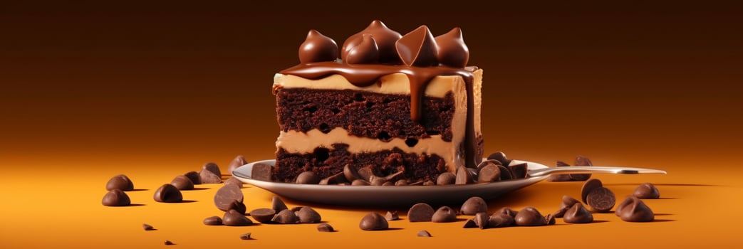 Piece of Chocolate Cake with Melted Chocolate and Scattered Chocolate Chips. Generative AI photo