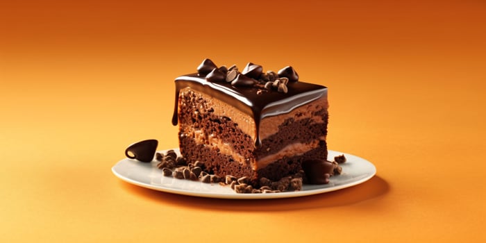 Piece of Chocolate Cake with Melted Chocolate and Scattered Chocolate Chips. Generative AI photo