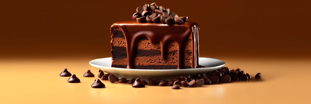 Piece of Chocolate Cake with Melted Chocolate and Scattered Chocolate Chips. Generative AI photo