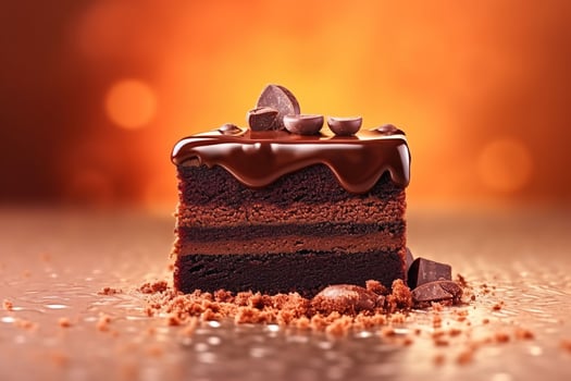 Piece of Chocolate Cake with Melted Chocolate and Scattered Chocolate Chips. Generative AI photo