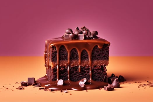 Piece of Chocolate Cake with Melted Chocolate and Scattered Chocolate Chips. Generative AI photo