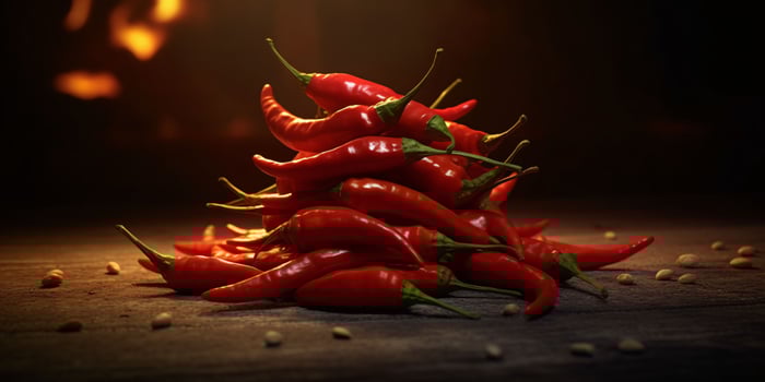 Fresh Red Cayenne Pepper with Water Droplets. Generative AI photo
