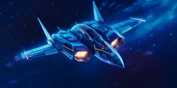 Fighter Jet Flying in a Blue Night Sky with Shining Stars. Generative AI photo