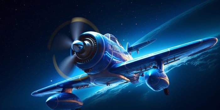 Fighter Jet Flying in a Blue Night Sky with Shining Stars. Generative AI photo