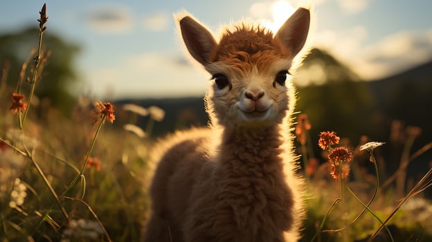 Baby lama at sunset, AI Generated photo