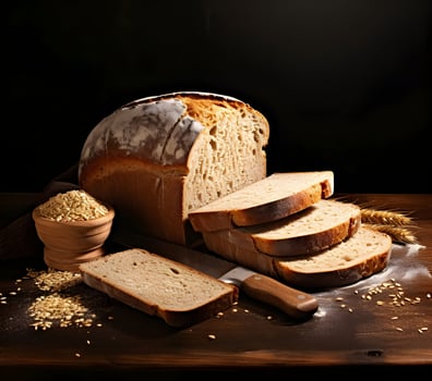 A loaf of fresh bread with sliced pieces. High resolution. AI Generative photo