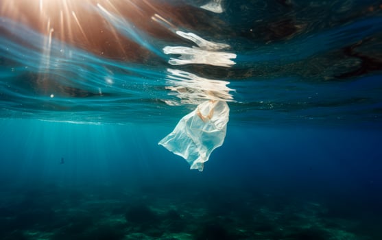 Plastic bag floating in the ocean. AI generative photo