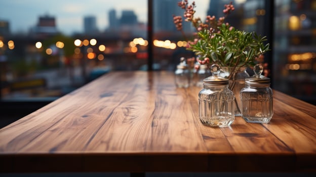 Flower on a wooden table in the kitchen. Generative AI photo