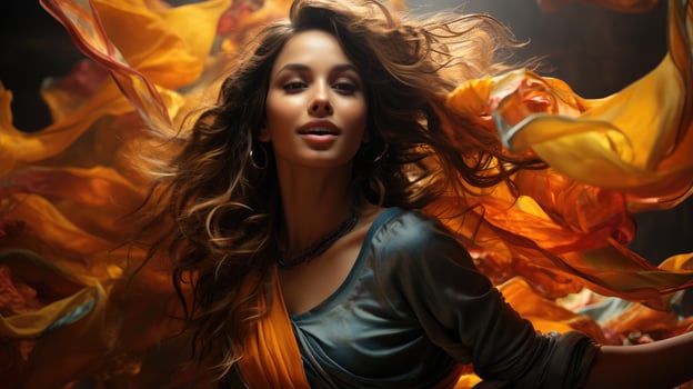 Lady spinning in the middle of a whirlwind of scarves during a traditional Indian dance. Generative AI photo