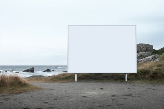 A large street billboard for advertising against the background of the sea and rocks. AI Generated photo