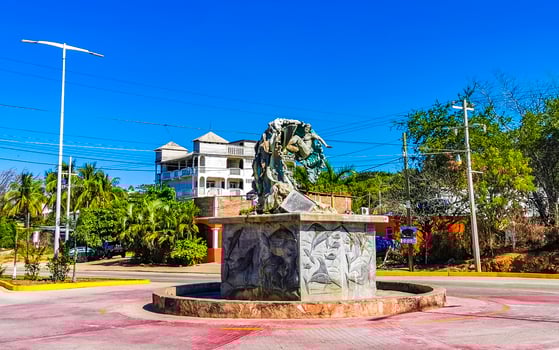 Puerto Escondido Oaxaca Mexico 2023 Typical beautiful colorful tourist street sidewalk city Puerto Escondido Mexico. photo