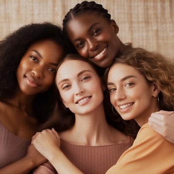 Smiling multi-ethnic cool girls, friends posing together for a group portrait. Sisterhood and females friendship poster. photo