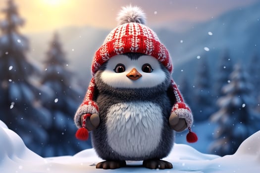 cute little cartoon penguin wearing a red hat in the snowy forest photo