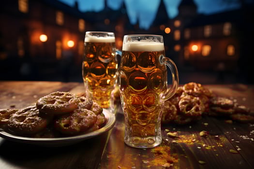 Oktoberfest beer mugs and pretzels on a wooden table at cozy restaurant background in the night. photo