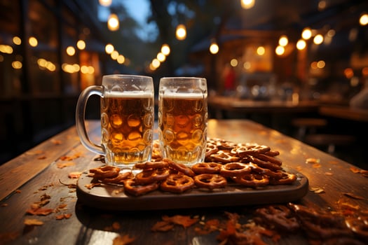 Oktoberfest beer mugs and pretzels on a wooden table at cozy restaurant background in the night. photo