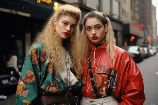 90s Memories. Two stylish young women rocking the 90s street fashion, exuding retro vibes with their trendy outfits and attitude. AI generative photo