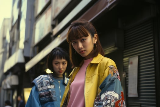 Young girls immersed in the vibrant energy of Tokyo's '90s streets, a fusion of culture and fashion. AI generative photo