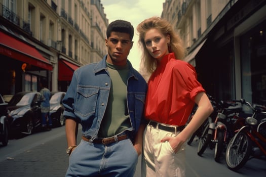 Nostalgic Paris A couple's 1990s romance on the city streets. AI generative photo