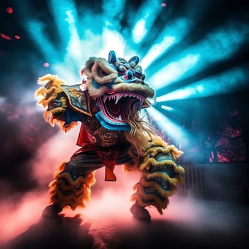 Dragon or lion dance show barongsai in celebration chinese lunar new year festival. Asian traditional concept by AI Generated photo