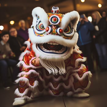 Dragon or lion dance show barongsai in celebration chinese lunar new year festival. Asian traditional concept by AI Generated photo