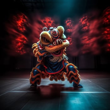 Dragon or lion dance show barongsai in celebration chinese lunar new year festival. Asian traditional concept by AI Generated photo